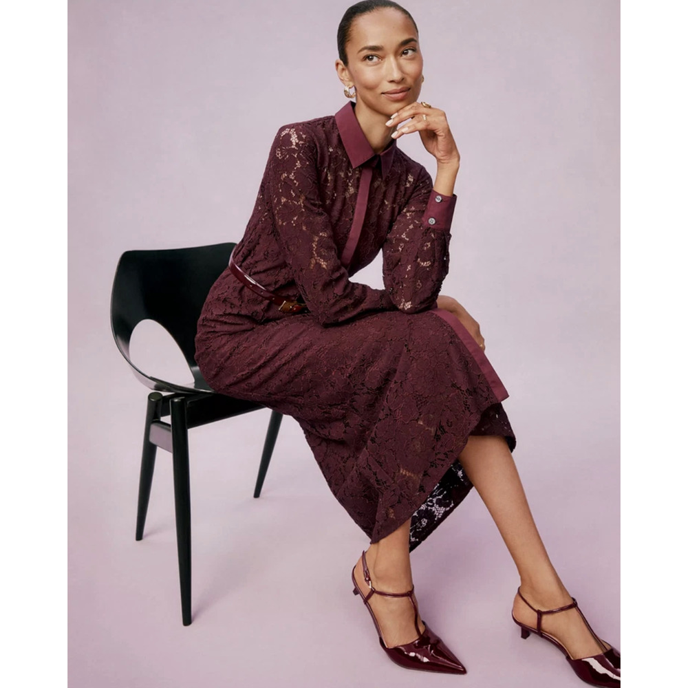 NWT ANN TAYLOR POISED PLUM BELTED LACE MIDI SHIRTDRESS DRESS SZ 4